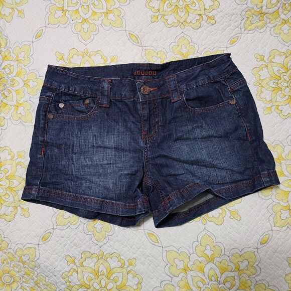 JouJou Juniors Women’s Jean Shorts Dark Wash Red Contrast Stitching Flap 9/10 - Picture 1 of 8